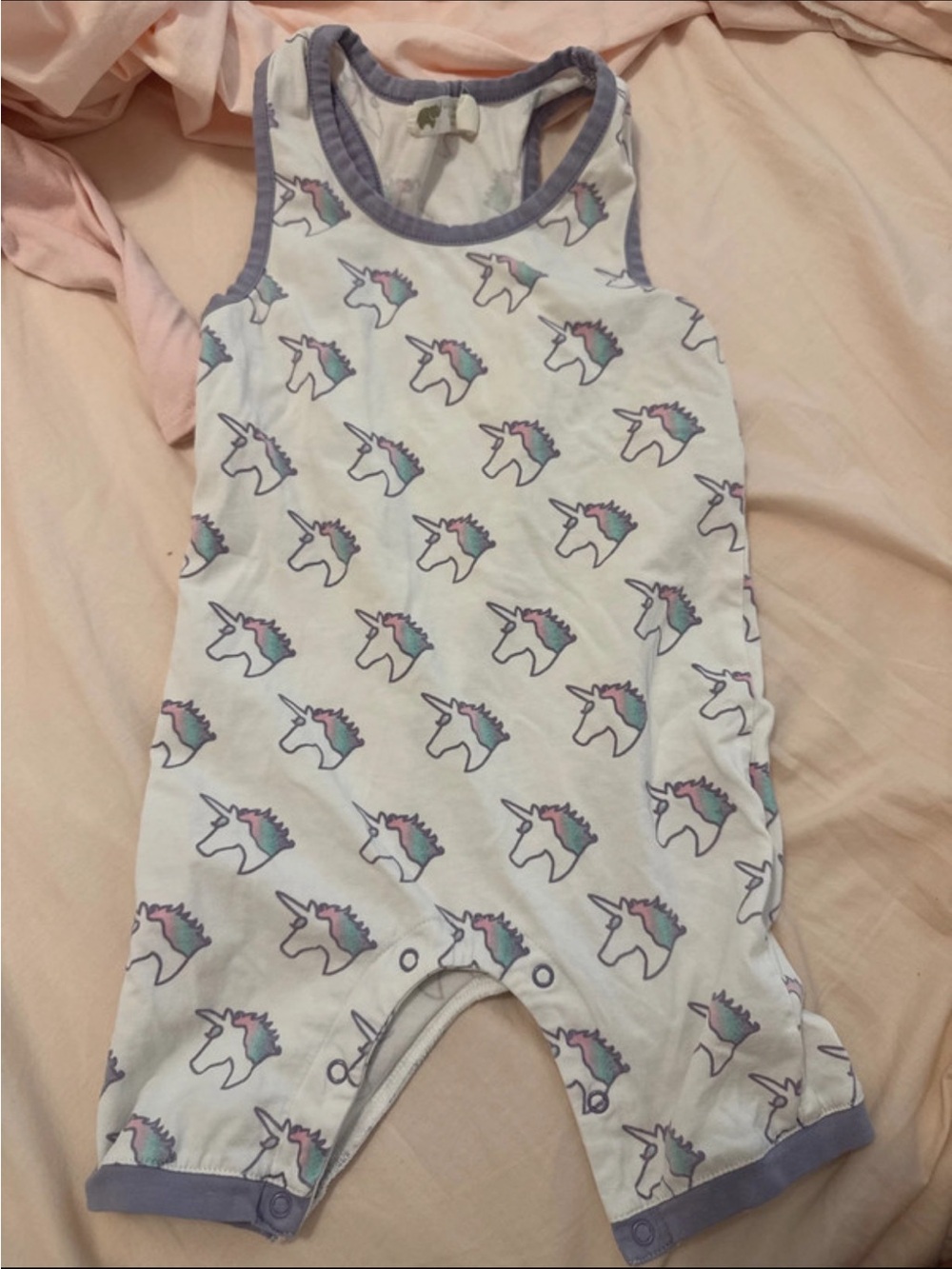 White Unicorn-Print Sleeveless Footie with Lavender Trim